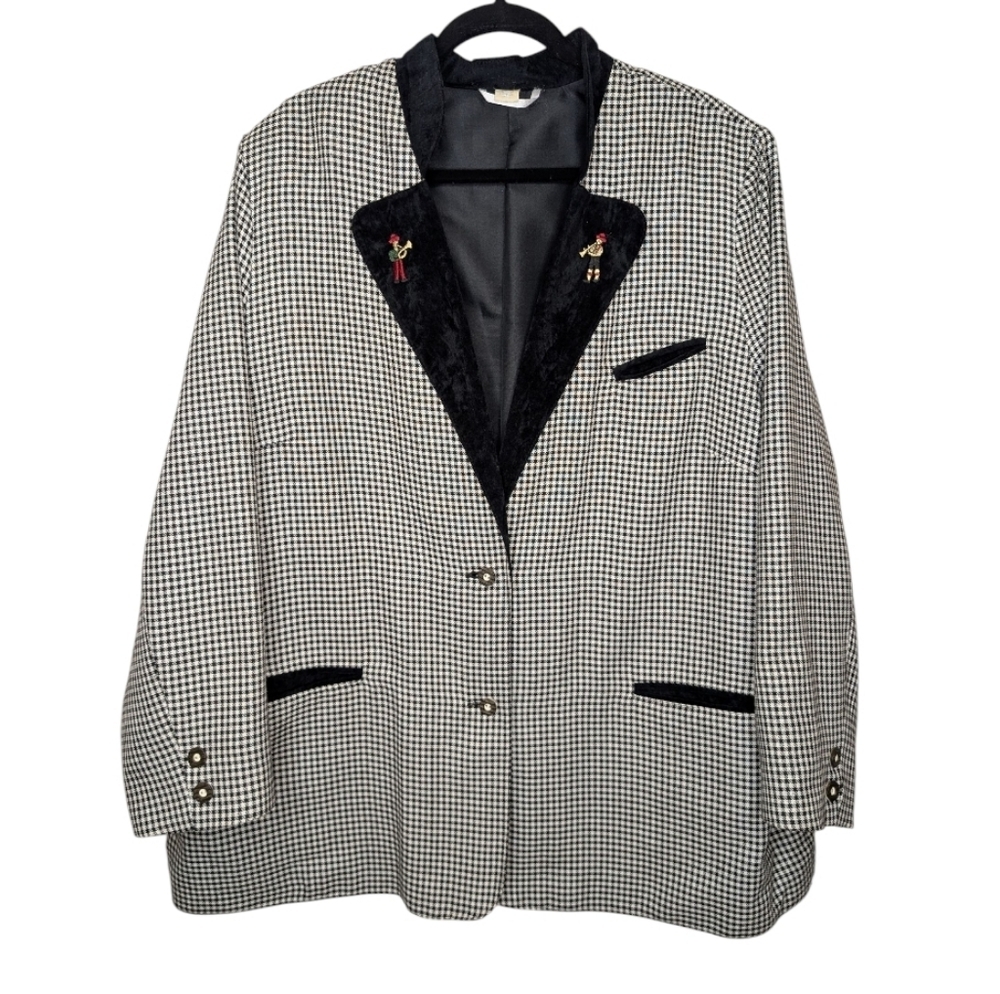 Vintage Black & White Houndstooth Blazer Jacket 2XL/3XL Women's Embroidered